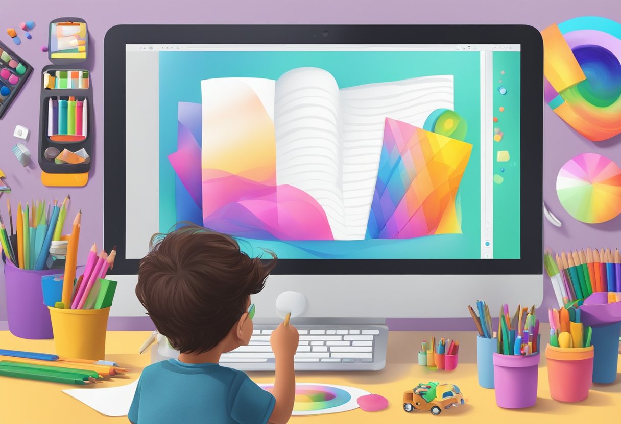 Effective Teaching of Digital Arts for Key Stage 2 Digital Art LearningMole A child using a digital tablet to create colorful and imaginative digital artwork, surrounded by various art supplies and a computer screen displaying their progress