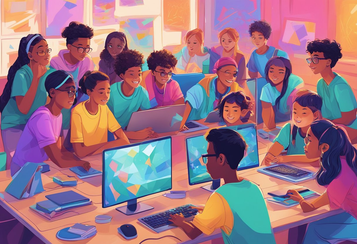 Effective Teaching of Digital Arts for Key Stage 2 Digital Art LearningMole A group of young students eagerly gather around a computer screen, collaborating on a digital art project. Bright colors and imaginative designs fill the room, sparking creativity and communication