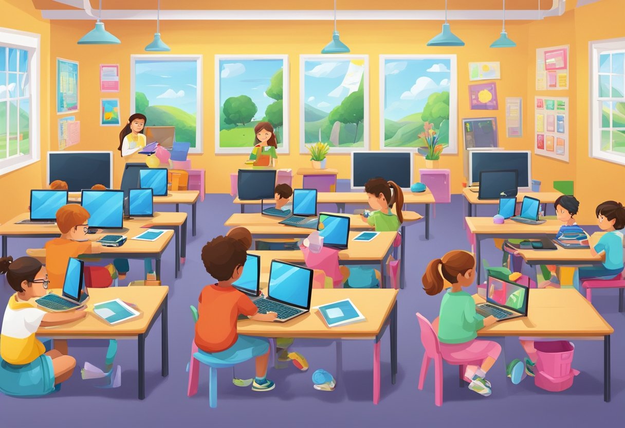 Effective Teaching of Digital Arts for Key Stage 2 Digital Art LearningMole A classroom with children using computers and tablets to create digital artwork, surrounded by colorful posters and art supplies