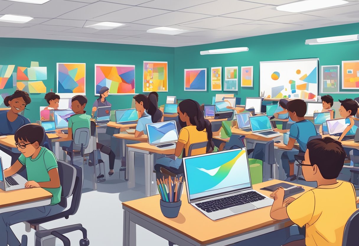 Effective Teaching of Digital Arts for Key Stage 2 Digital Art LearningMole A group of young students engaged in digital art activities, surrounded by computers, tablets, and art supplies. The teacher is guiding them through the process, while colorful artwork adorns the walls