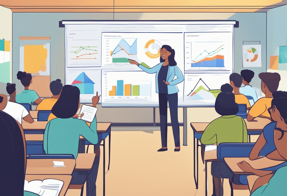 Basic Economics: Educational Resources for Teachers economics LearningMole A classroom setting with a teacher at the front, pointing to a whiteboard with economics concepts and charts displayed. Students are engaged and taking notes