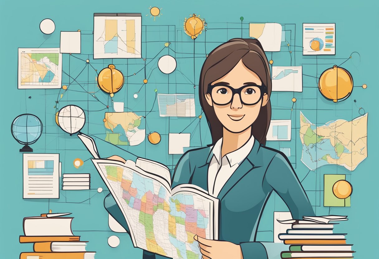 Basic Economics: Educational Resources for Teachers economics LearningMole A teacher holding a map with pins marking various educational contacts for basic economics. They are surrounded by books, charts, and graphs