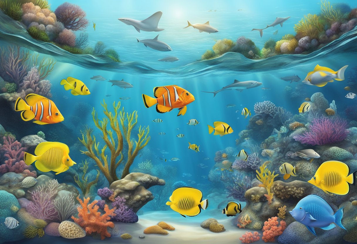 A diverse underwater ecosystem with fish, coral, and other marine life, showcasing the variety of animals for teaching classification