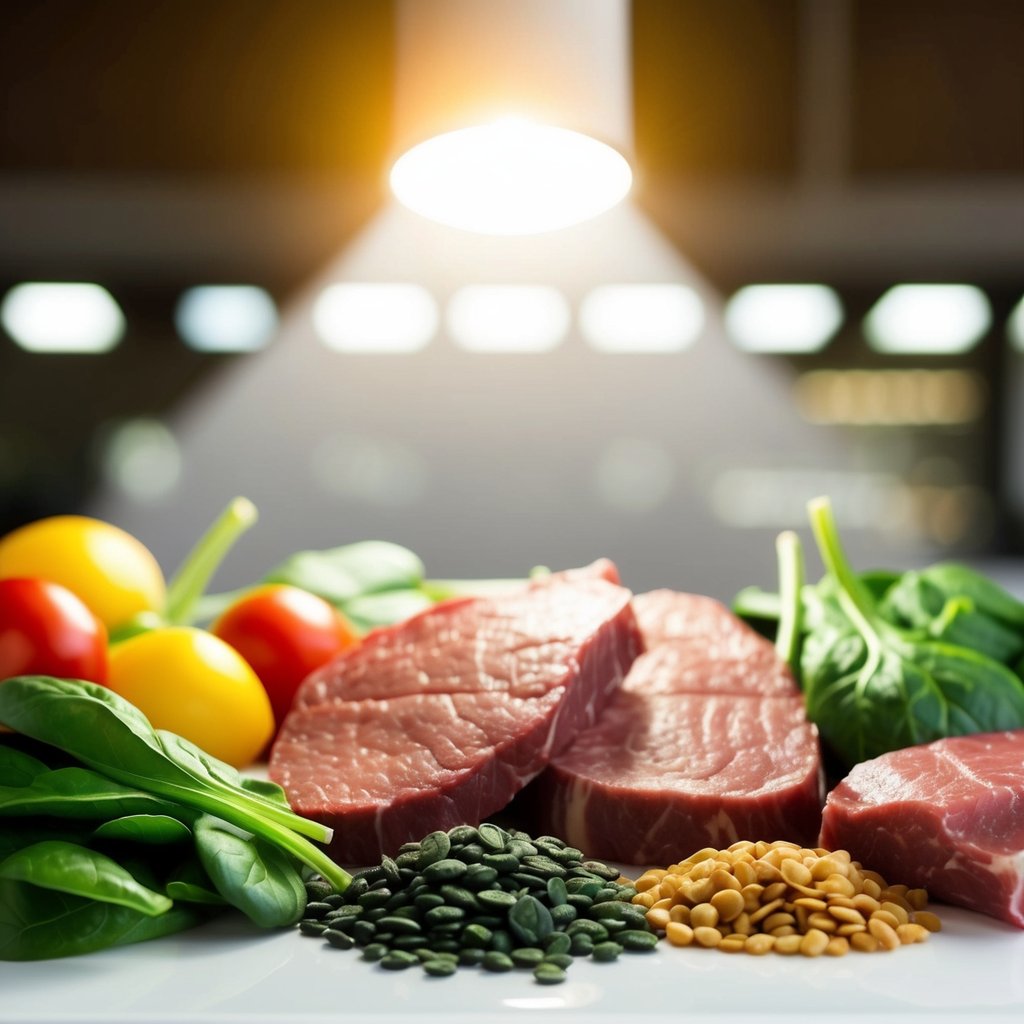 A colorful array of iron-rich foods, such as spinach, lentils, and red meat, arranged on a table with a bright spotlight shining on them