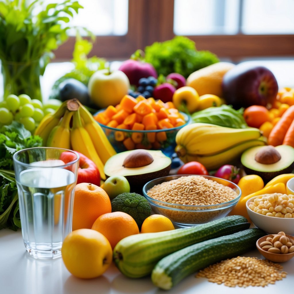 A colorful array of fruits, vegetables, and whole grains arranged on a table, with a glass of water nearby