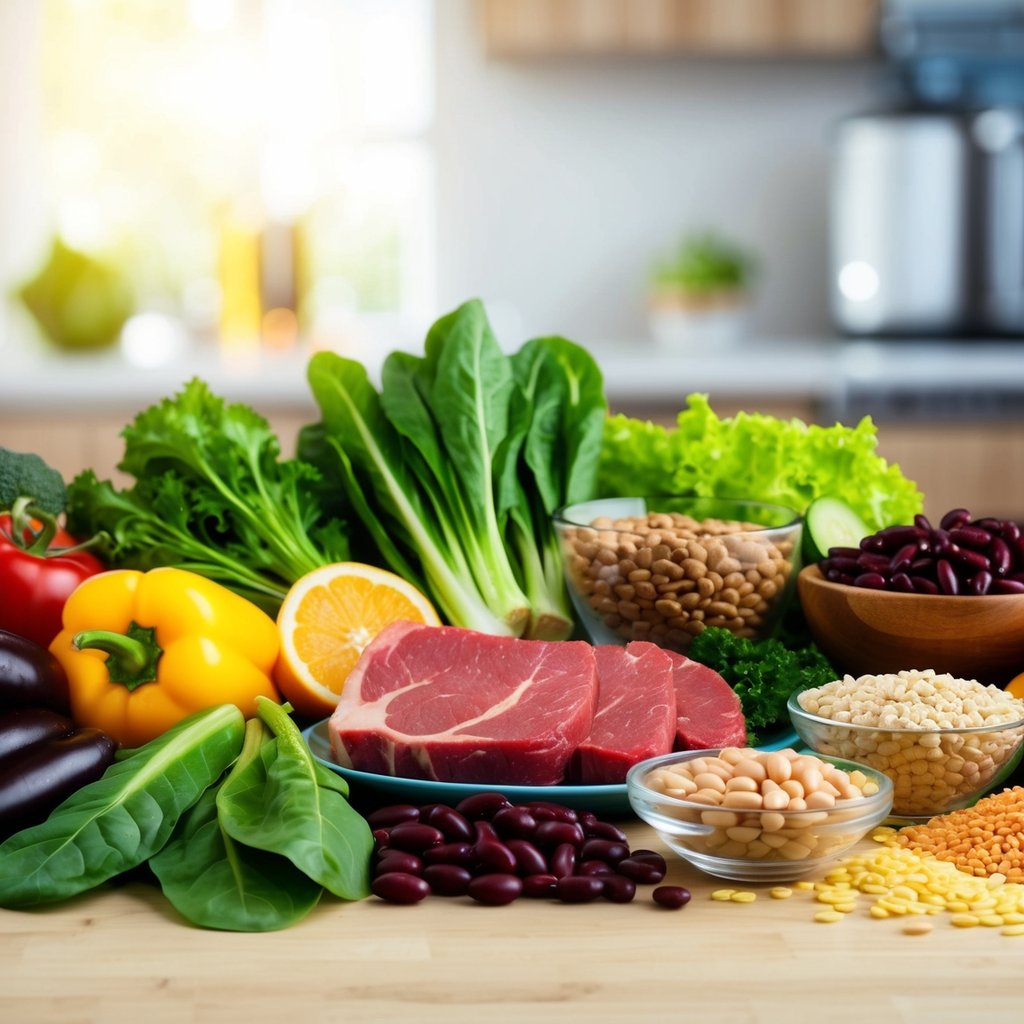 A colorful variety of iron-rich foods arranged on a table, including leafy greens, red meat, beans, and fortified cereals