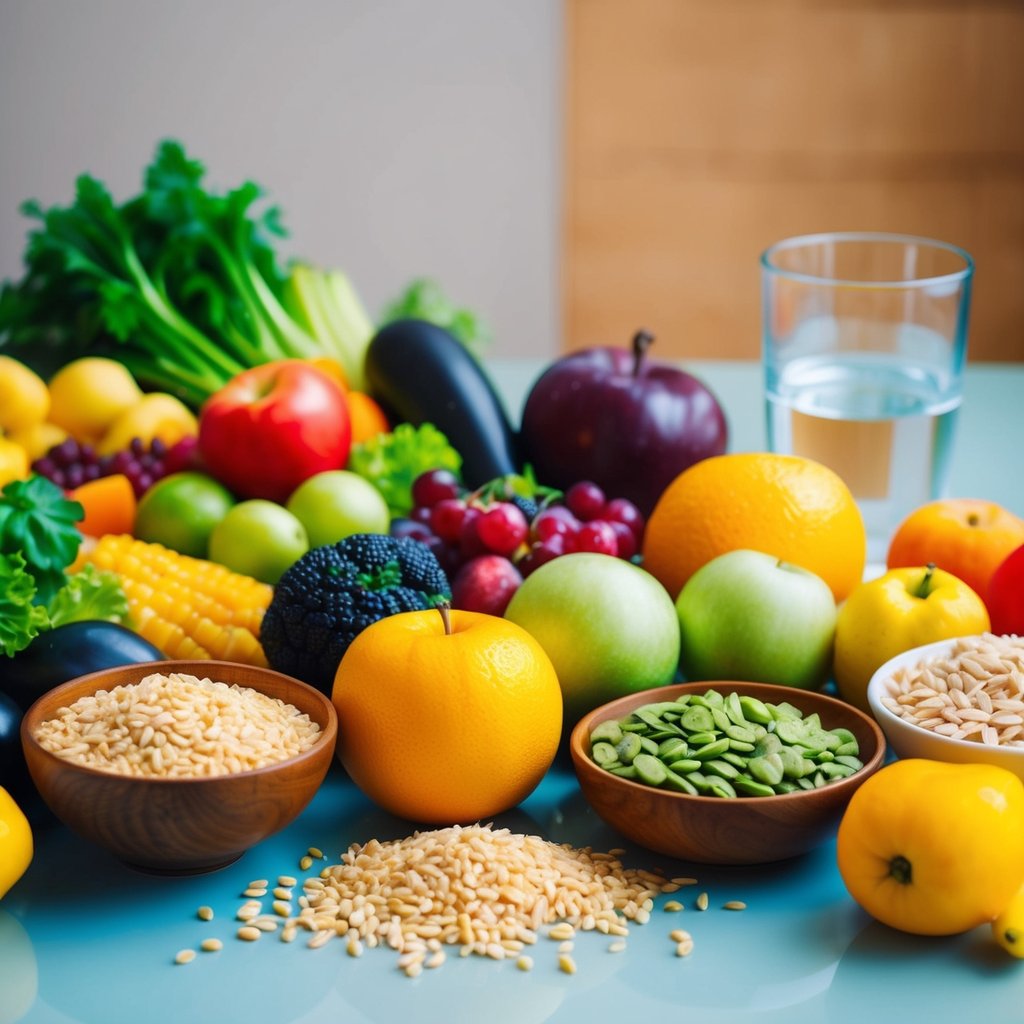 A colorful array of fruits, vegetables, and whole grains arranged on a table, with a clear glass of water nearby