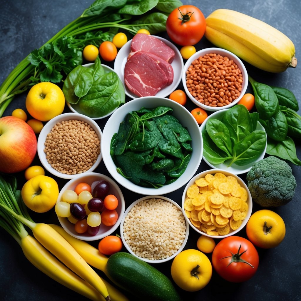 A variety of iron-rich foods arranged in a visually appealing manner, such as spinach, lentils, red meat, and fortified cereals, surrounded by vibrant fruits and vegetables