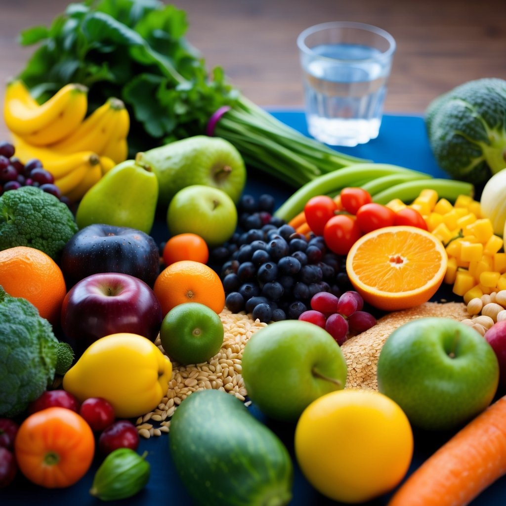 A colorful array of fruits, vegetables, and whole grains arranged on a table, with a glass of water nearby