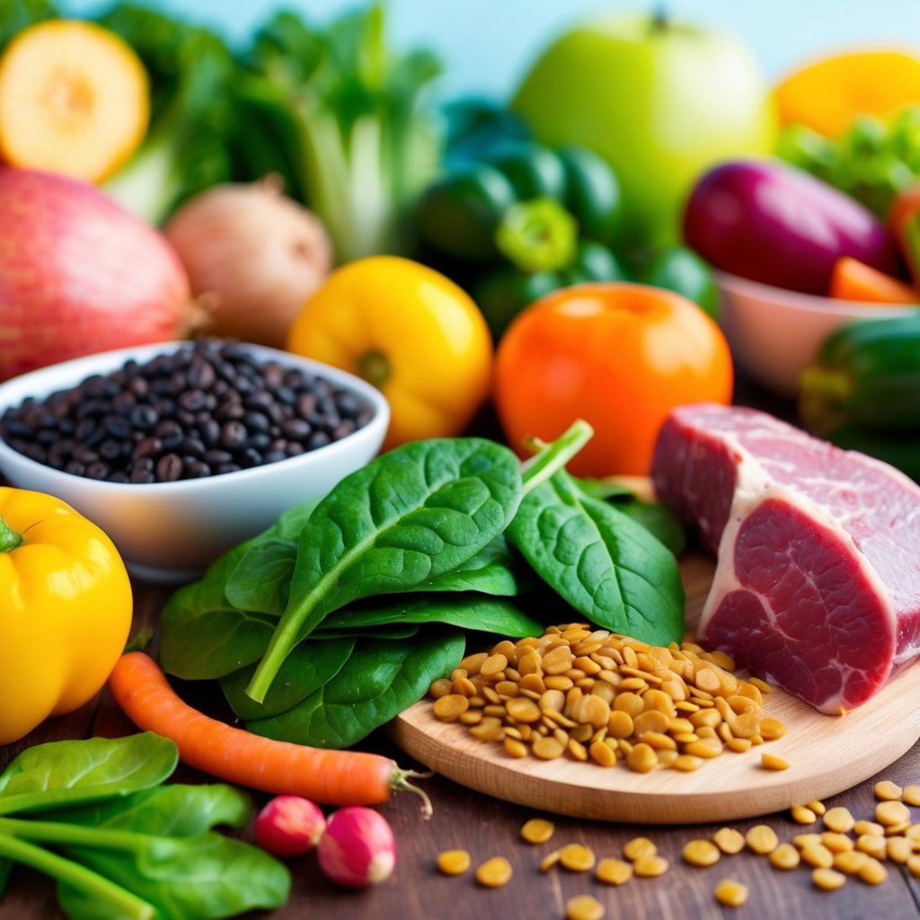 A colorful array of iron-rich foods like spinach, lentils, and red meat arranged on a table with a vibrant background of energy-boosting fruits and vegetables