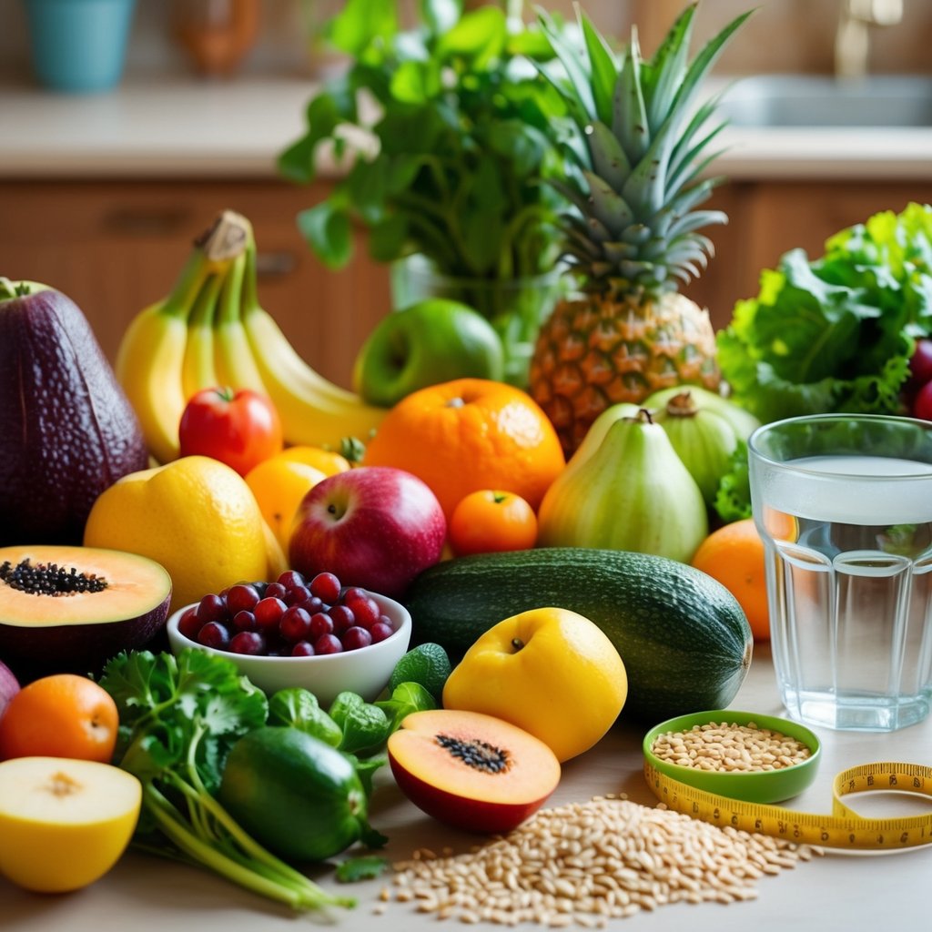 A colorful array of fruits, vegetables, and whole grains arranged on a table, with a glass of water and a measuring tape nearby