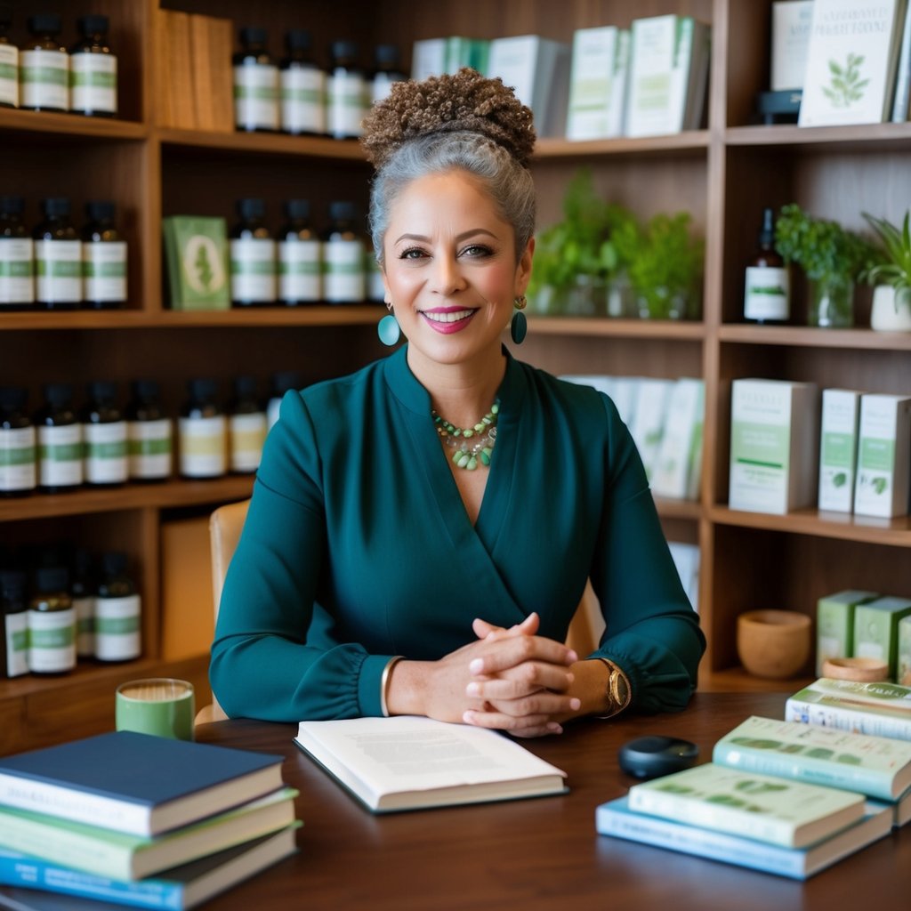 A naturopathic pioneer sitting in a cozy office surrounded by shelves of herbal remedies and holistic medicine books, sharing insights on integrative health practices in an interview setting