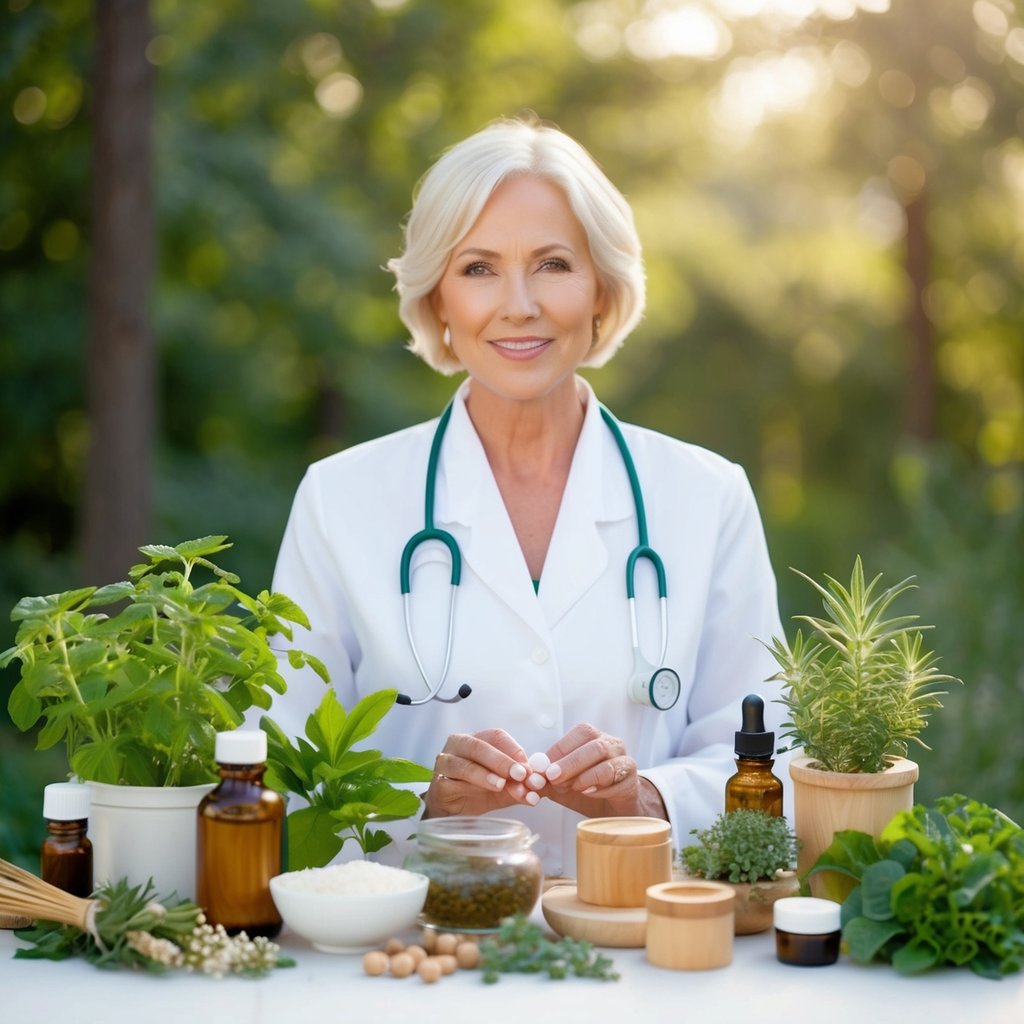 A naturopathic pioneer surrounded by medicinal plants, herbal remedies, and holistic healing tools in a serene and natural setting