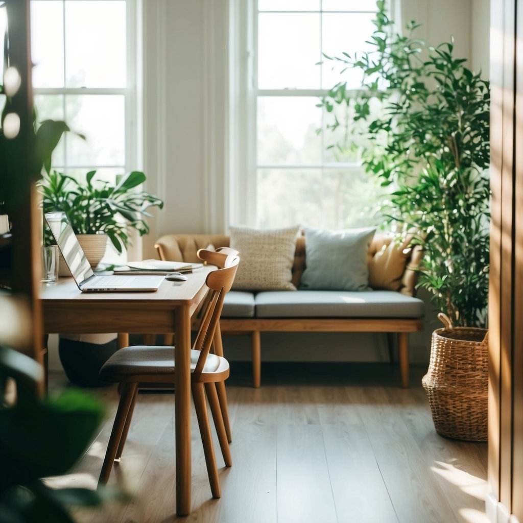 A serene, sunlit office with natural elements like plants and wood furniture. A desk holds a laptop and papers, while a cozy seating area invites conversation