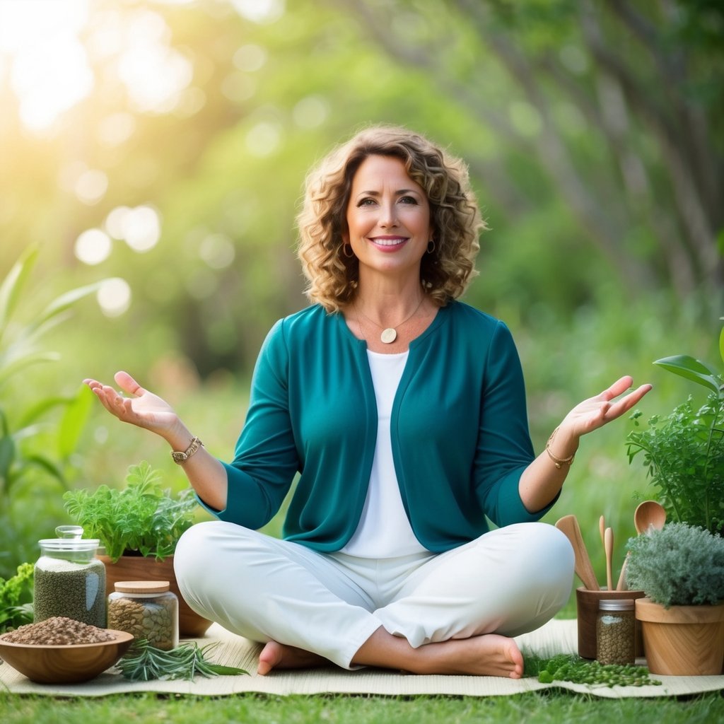A naturopathic pioneer sitting in a serene, natural setting, surrounded by herbs, plants, and holistic healing tools, sharing insights on integrative health practices