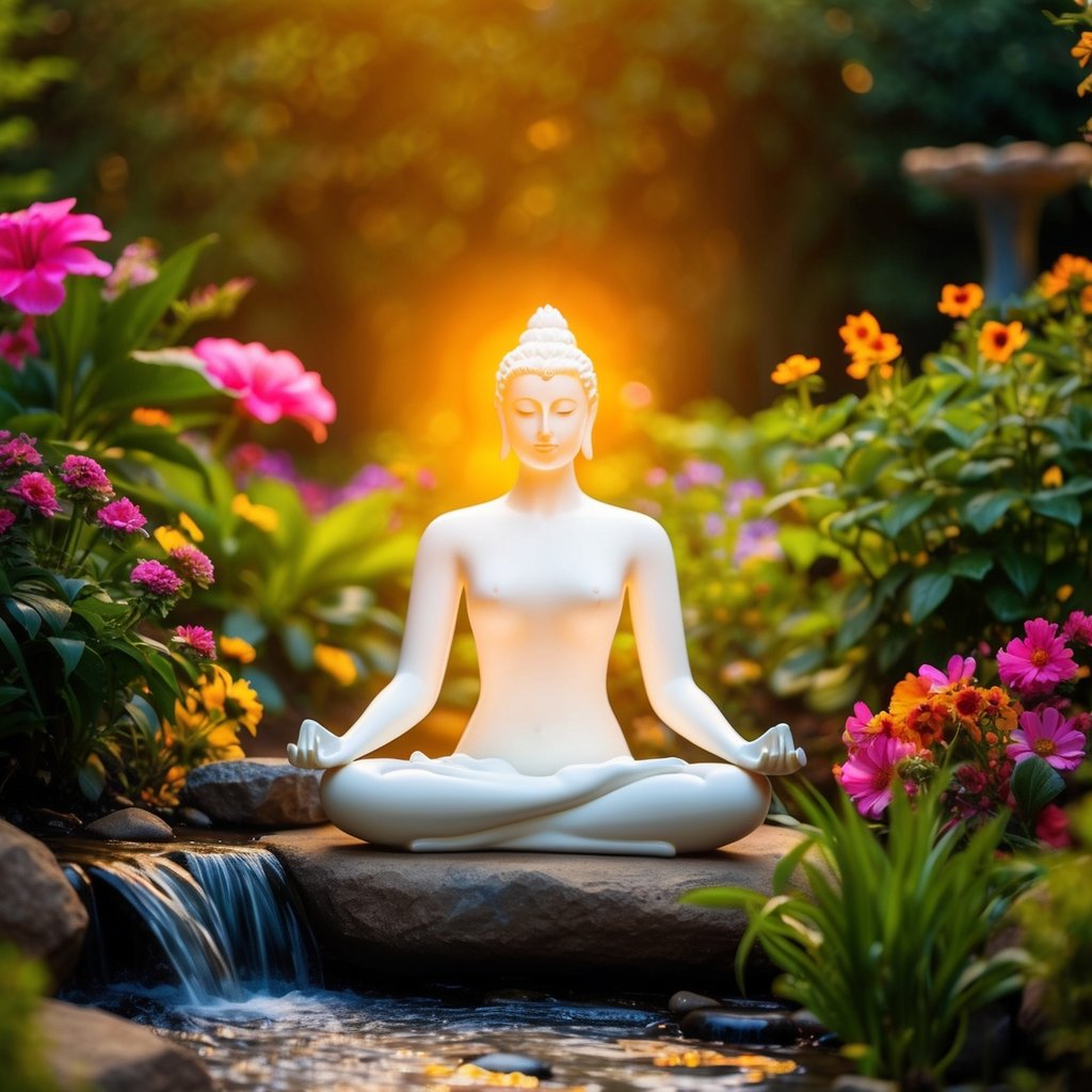A serene figure meditates in a lush garden, surrounded by vibrant flowers and flowing water, while a warm glow envelops the scene