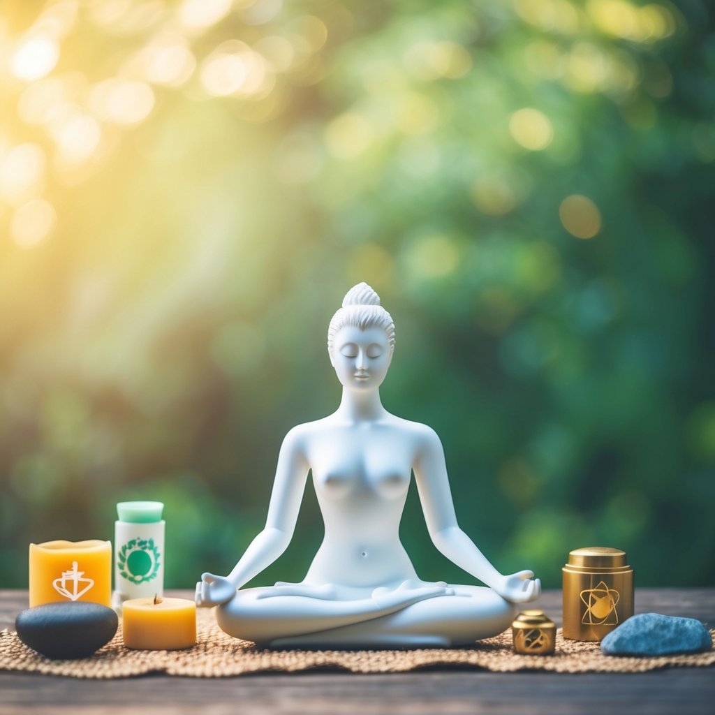 A serene, natural setting with a figure meditating, surrounded by symbols of health and wellness