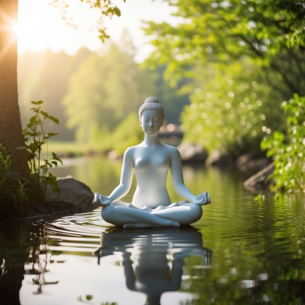 A serene, tranquil setting with a figure meditating in a peaceful natural environment, surrounded by elements of nature such as trees, water, and sunlight