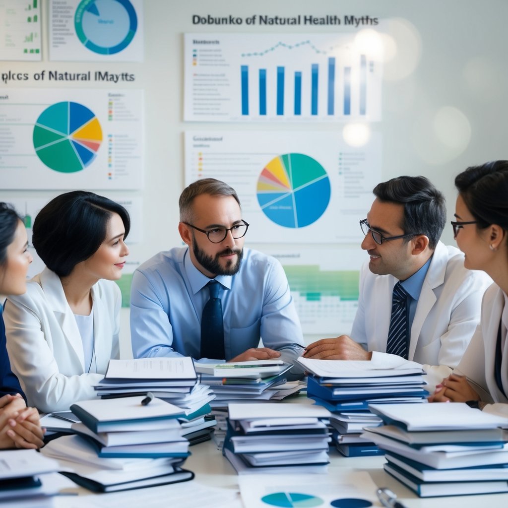 A group of experts engage in evidence-based discussions, surrounded by stacks of research papers and medical journals. Charts and graphs adorn the walls, highlighting key points in the debunking of natural health myths