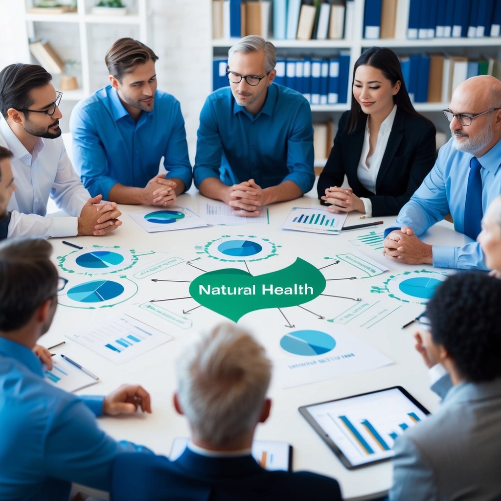 A group of experts gather around a table, engaging in evidence-based discussions and debunking myths in natural health. Charts and graphs are scattered across the table, while books and research papers line the shelves in the background