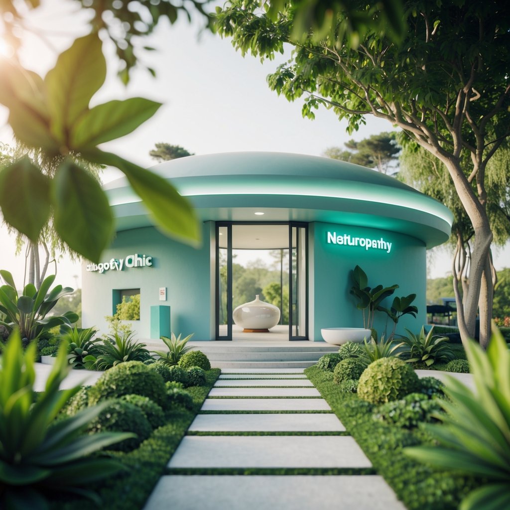 A serene, futuristic naturopathy clinic with advanced technology and sustainable design, surrounded by lush greenery and natural elements