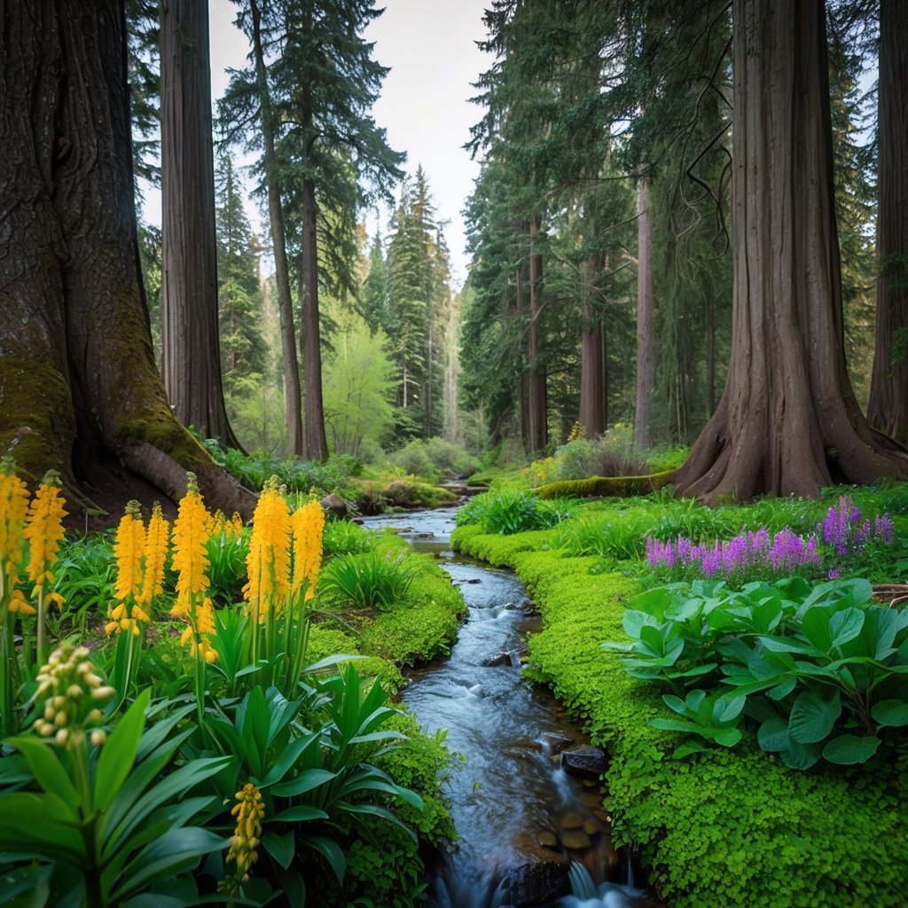 A serene forest clearing with vibrant, blooming plants and a tranquil stream, surrounded by tall, ancient trees. The scene exudes a sense of natural healing and growth