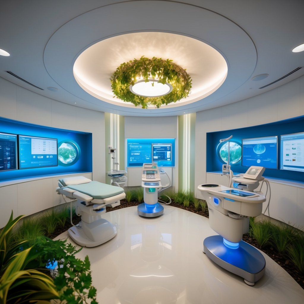 A futuristic clinic with advanced medical equipment and natural elements seamlessly integrated into the design, reflecting the merging of technology and naturopathic medicine