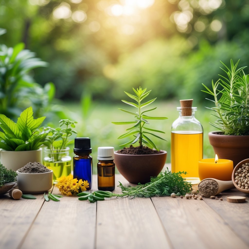 A serene nature setting with diverse plants and herbs, showcasing modern and traditional naturopathic practices