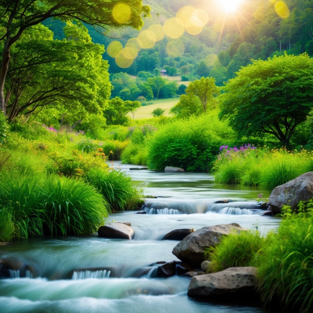 A serene landscape with a harmonious balance of nature, including lush greenery, flowing water, and vibrant wildlife