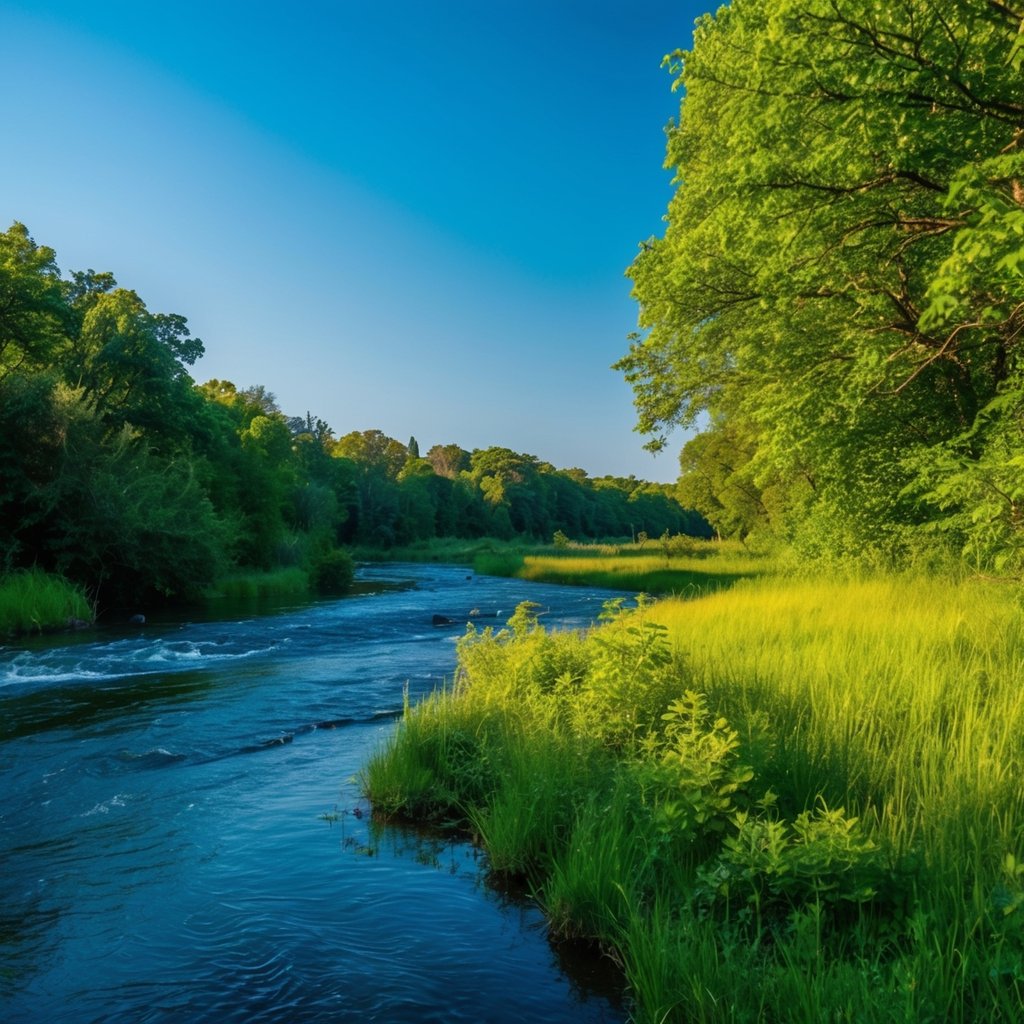 A serene, natural landscape with a flowing river, lush greenery, and a clear blue sky, symbolizing the holistic approach to wellness and its physical health benefits
