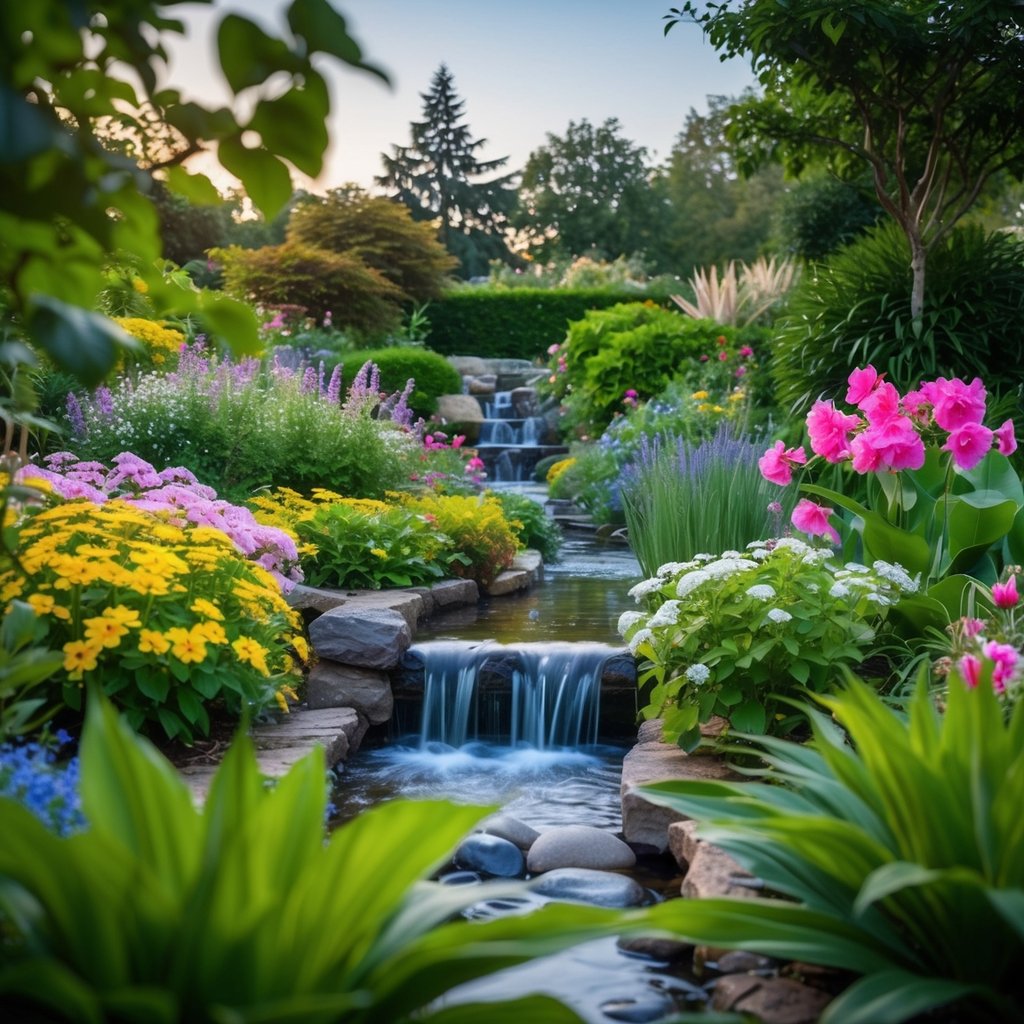 A serene garden with blooming flowers, a flowing stream, and a peaceful meditation area surrounded by lush greenery