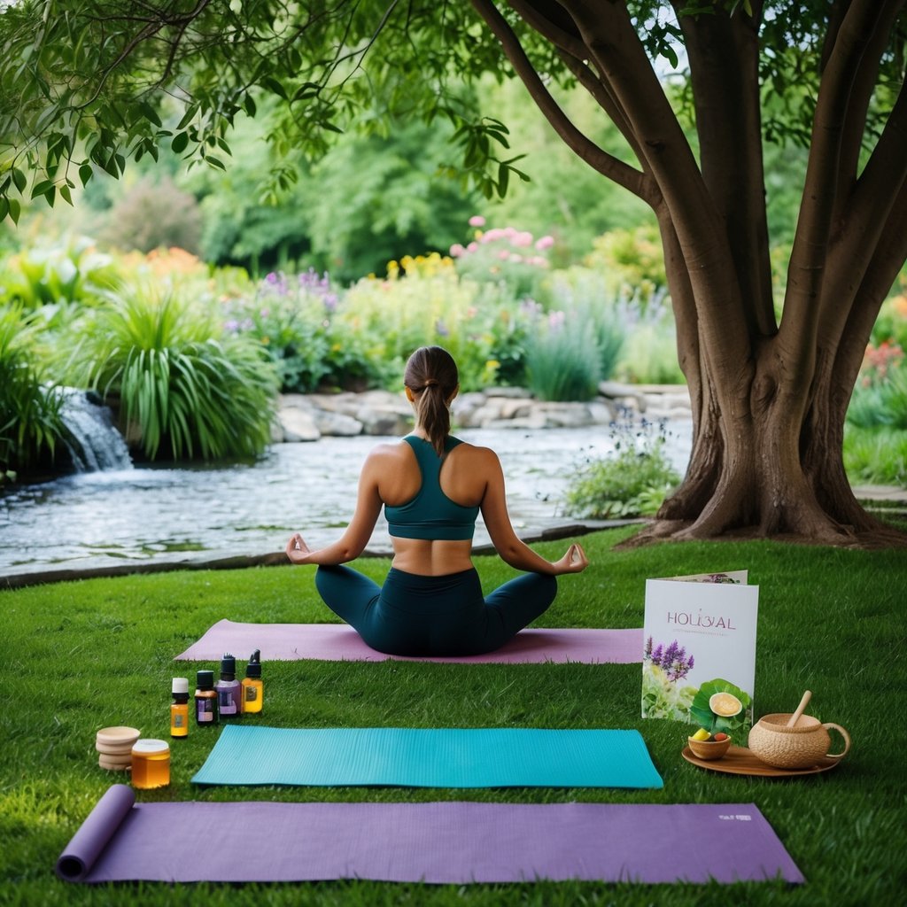 A serene garden with a flowing stream, lush greenery, and a person meditating under a tree, surrounded by symbols of holistic wellness such as yoga mats, essential oils, and herbal teas