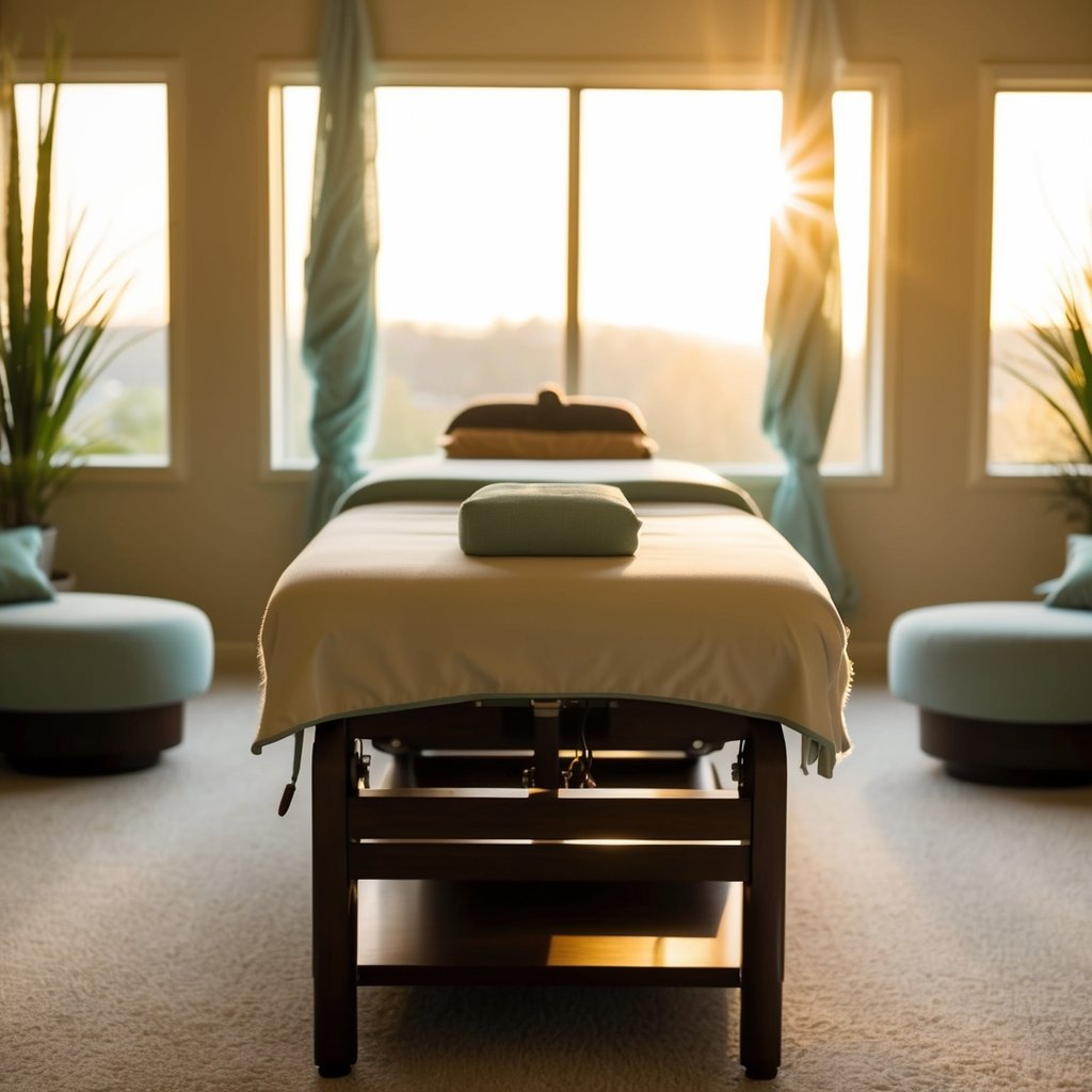 A serene room with a massage table surrounded by calming decor. A warm, natural light fills the space, creating a peaceful and inviting atmosphere for healing