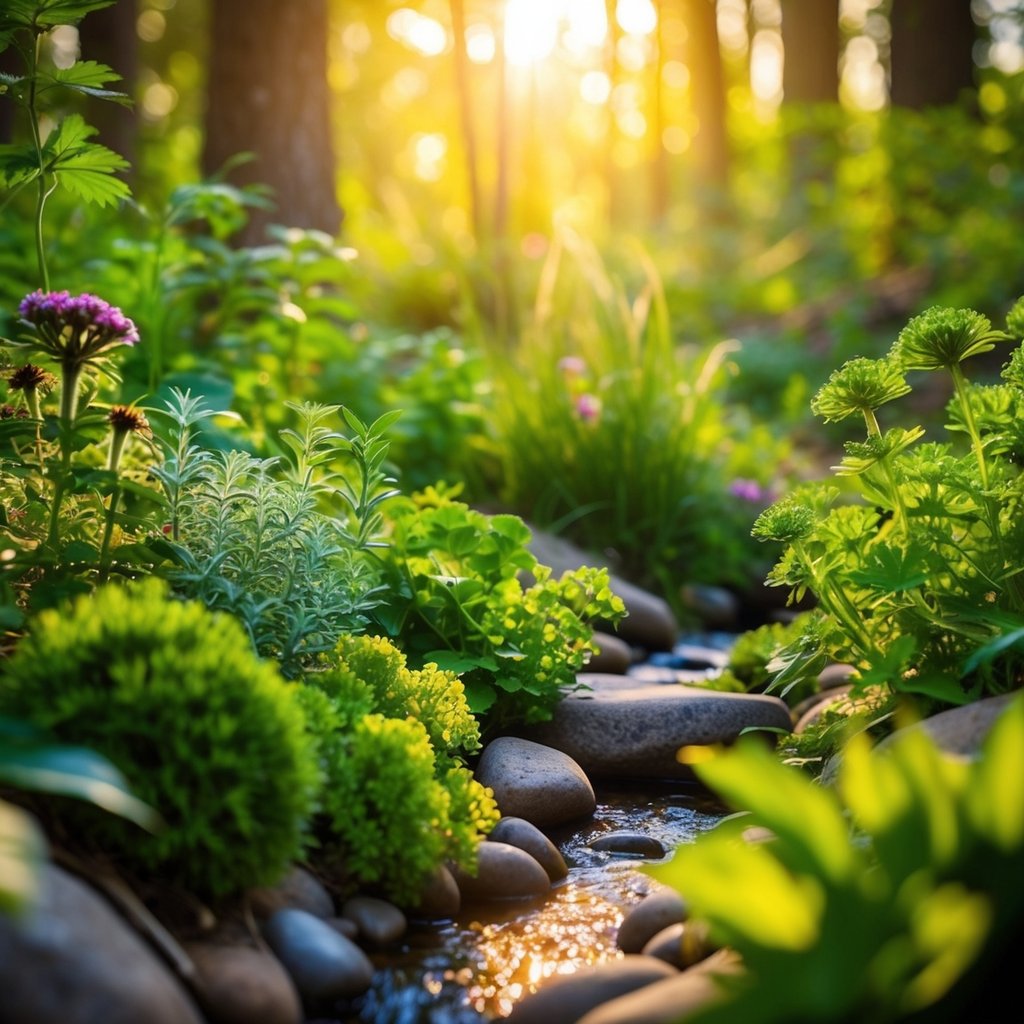 A serene forest clearing with an array of vibrant herbs and plants, bathed in golden sunlight. A small stream trickles through the scene, providing a sense of tranquility and natural healing