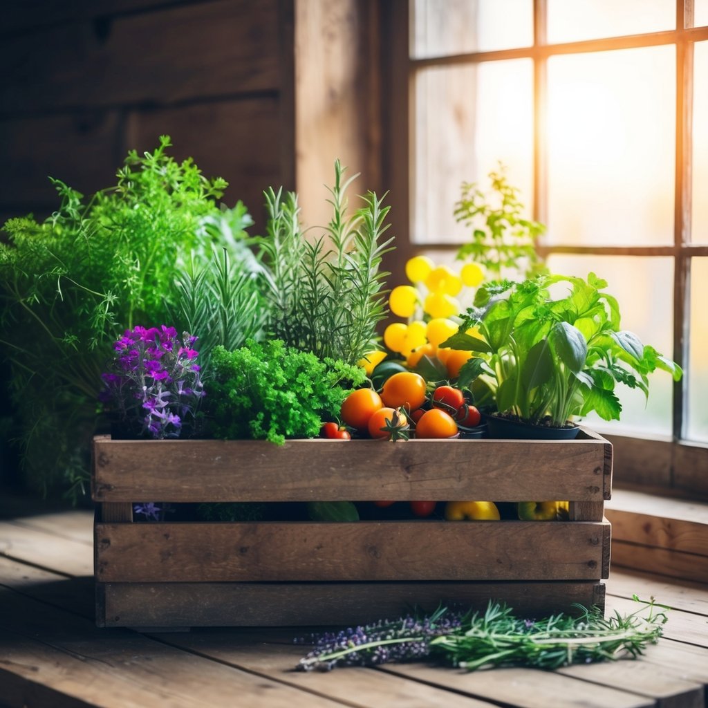 A variety of colorful herbs and plants arranged in a rustic wooden crate, with sunlight streaming through a nearby window, casting a warm glow over the scene