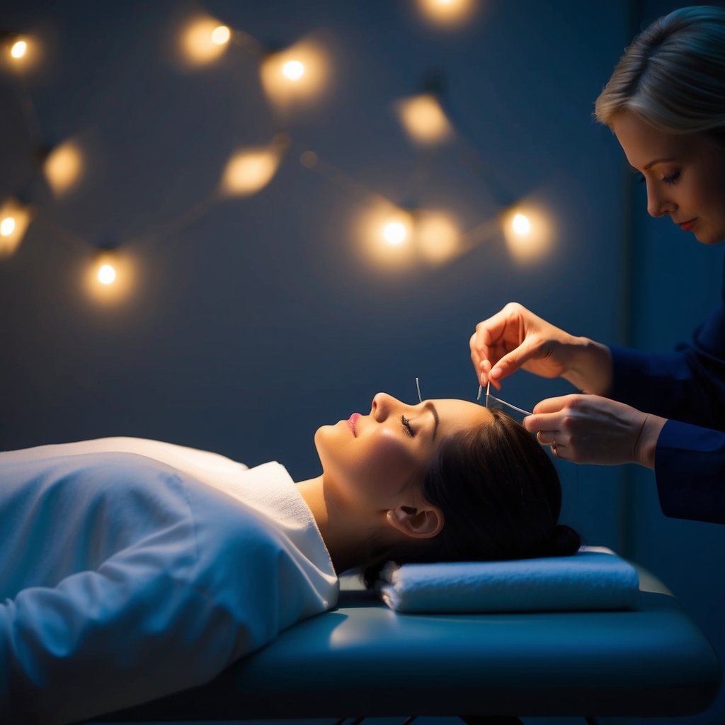 A serene setting with a person lying comfortably on a table, surrounded by dim lighting and soothing music, while a skilled practitioner carefully places acupuncture needles on their body