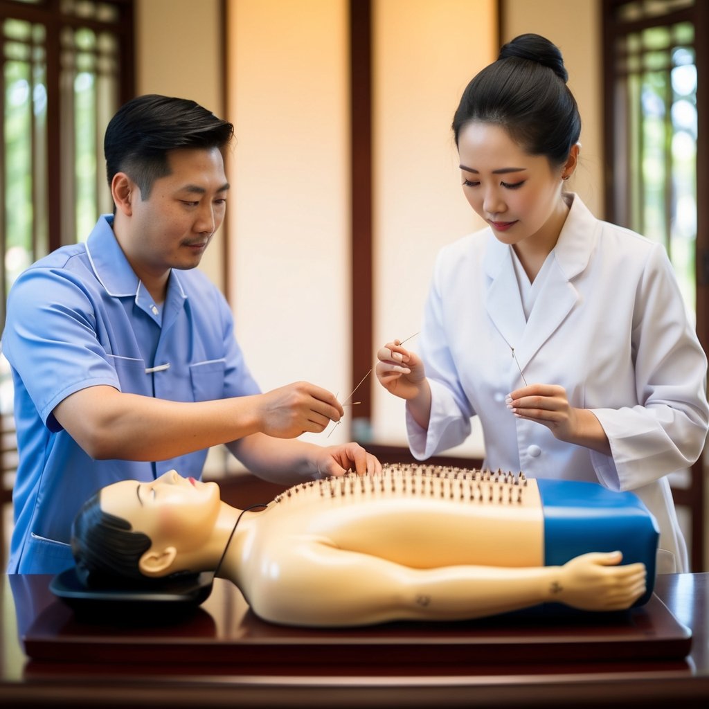 A serene setting with a traditional Chinese acupuncture clinic, showing a practitioner using thin needles on a model of the human body to illustrate the benefits of acupuncture for various health conditions