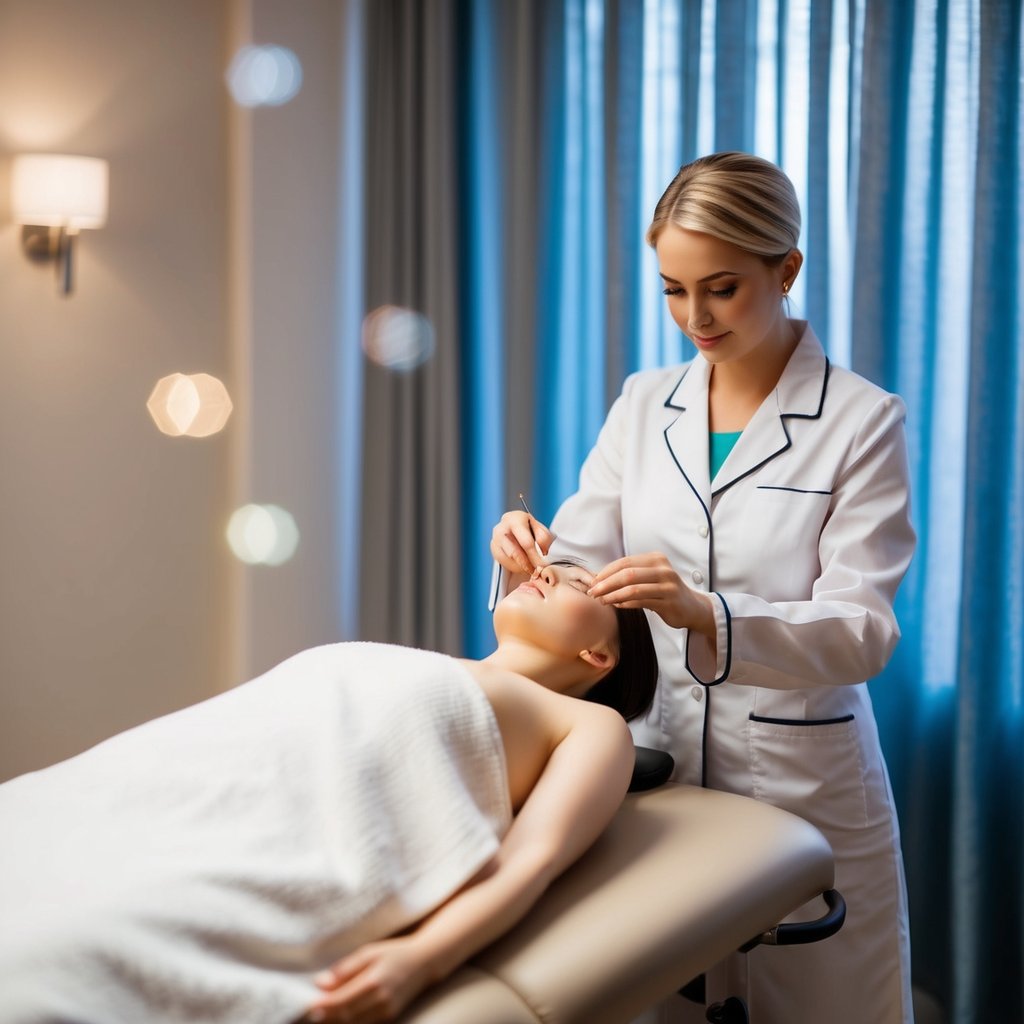 A serene room with a comfortable treatment table, soft lighting, and calming music. A licensed acupuncturist carefully places thin needles into specific points on a model or mannequin