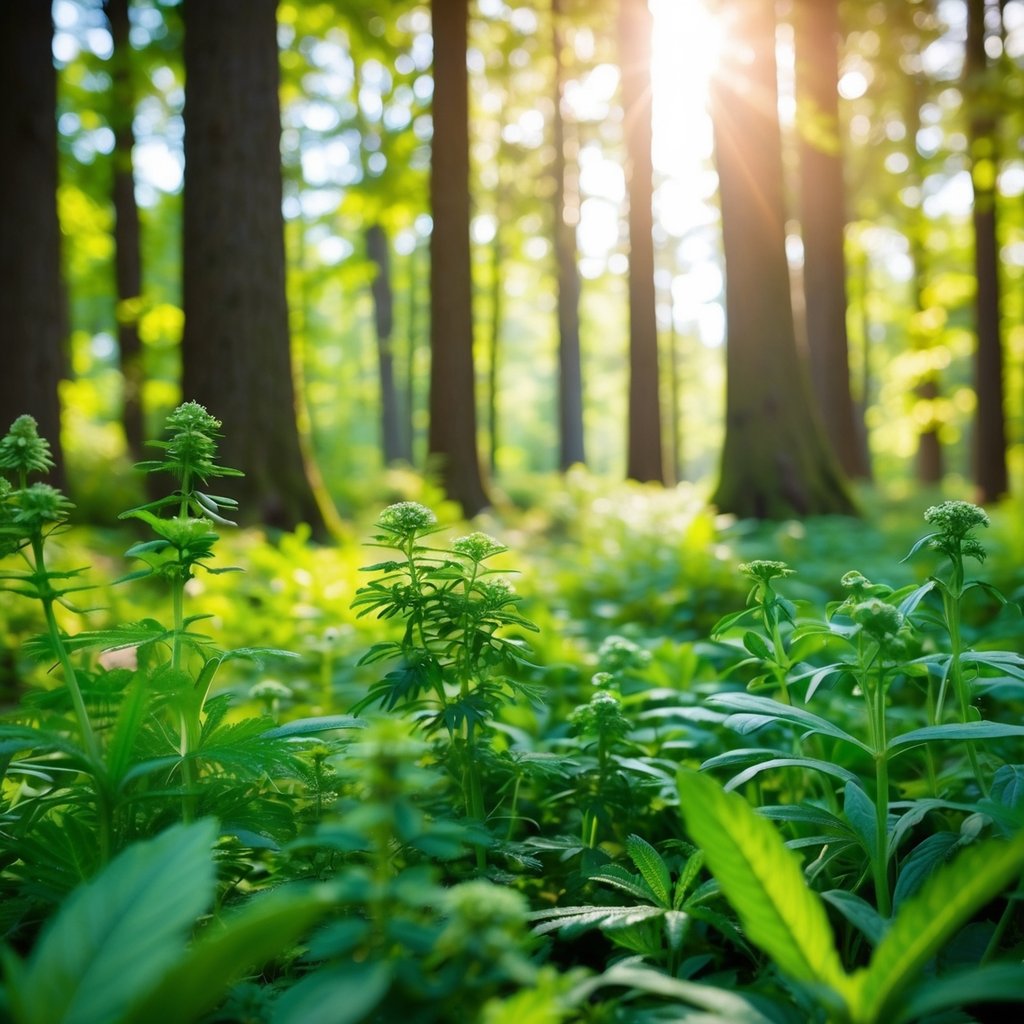 A serene forest clearing with various medicinal herbs growing abundantly, surrounded by tall trees and dappled sunlight streaming through the leaves