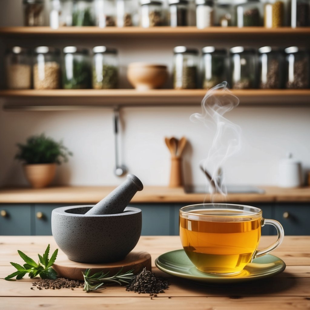 A cozy kitchen with shelves filled with jars of dried herbs, a mortar and pestle on the counter, and a steaming cup of herbal tea on a wooden table