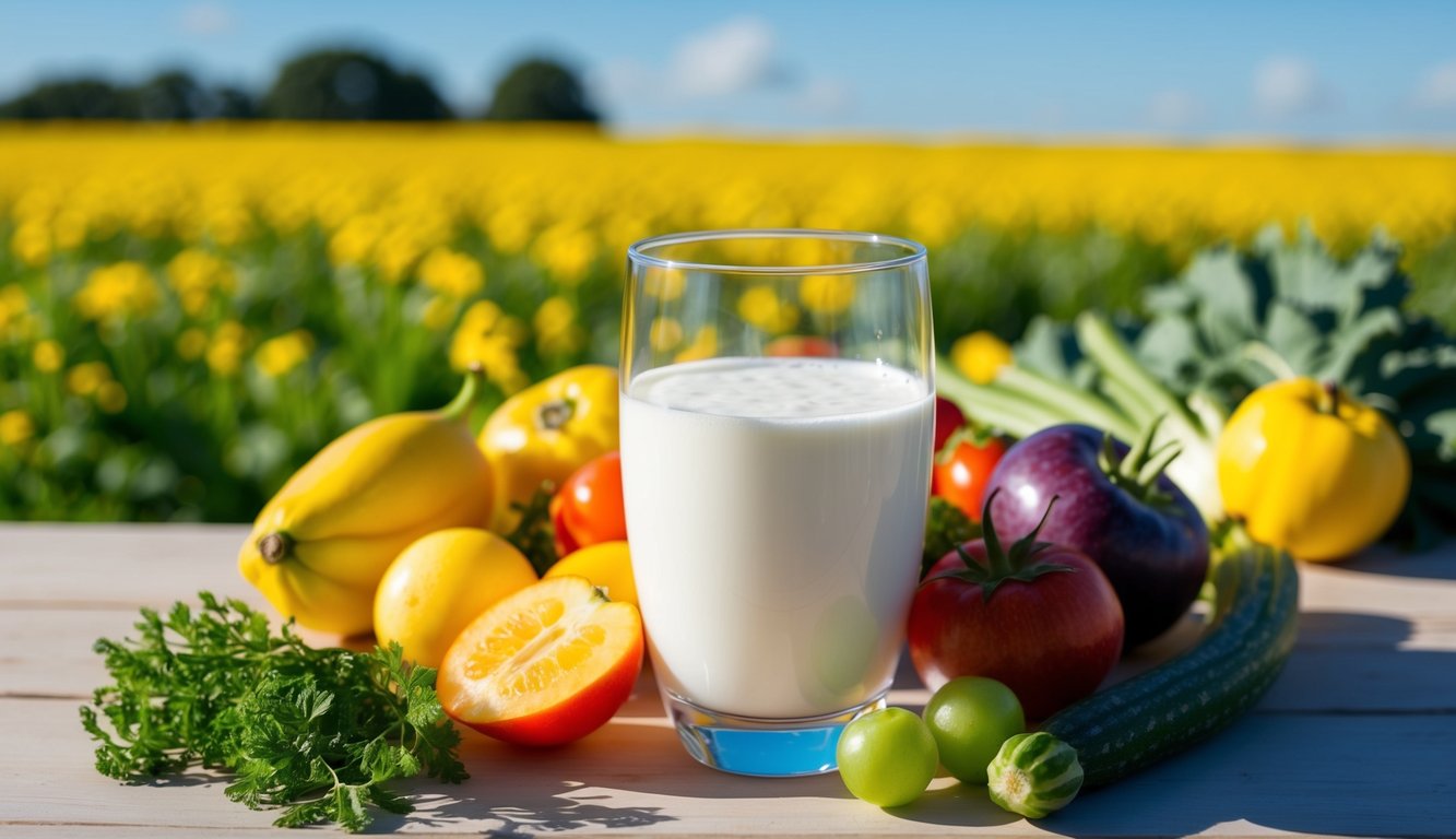 A glass of kefir surrounded by vibrant fruits and vegetables, with a backdrop of a sunny field and a clear blue sky