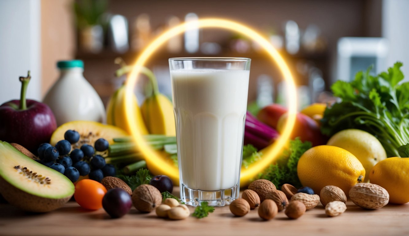 A glass of kefir surrounded by various nutrient-rich foods, such as fruits, vegetables, and nuts, with a glowing halo effect to symbolize its health benefits