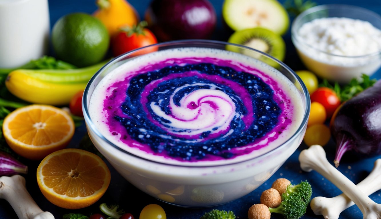A vibrant, swirling galaxy of probiotic-rich kefir, surrounded by immune-boosting and anti-inflammatory elements like colorful fruits, vegetables, and bones
