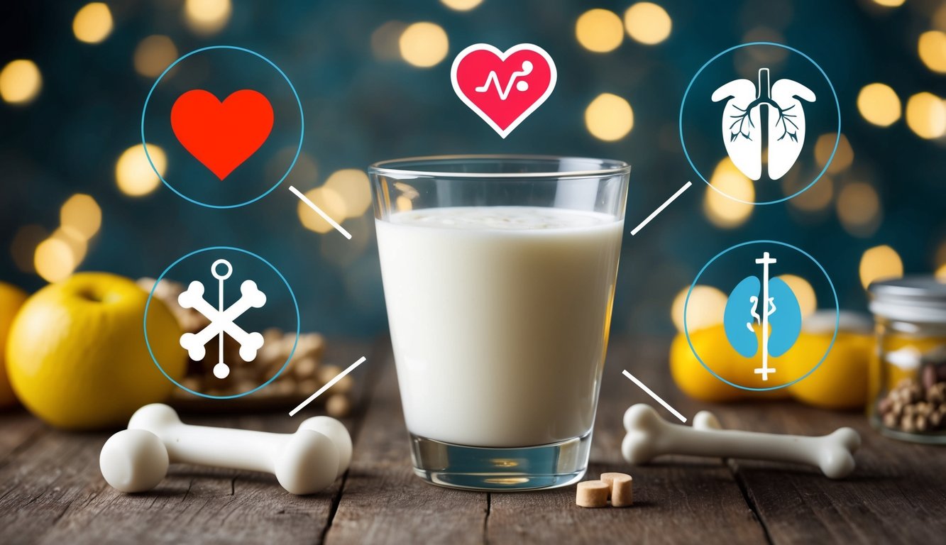 A glass of kefir surrounded by heart and weight symbols, with bones and immune system in the background