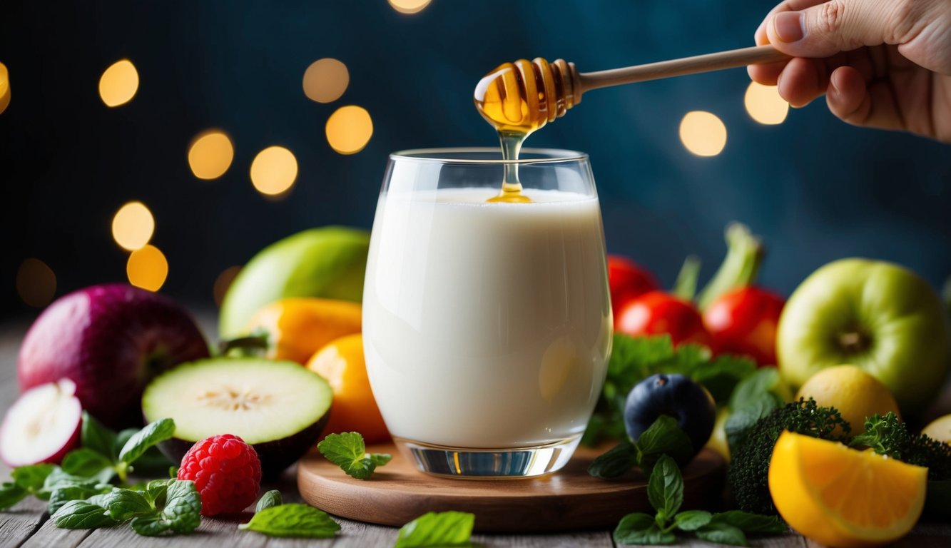 A glass of kefir surrounded by fresh fruits and vegetables, with a spoonful of honey drizzling into it
