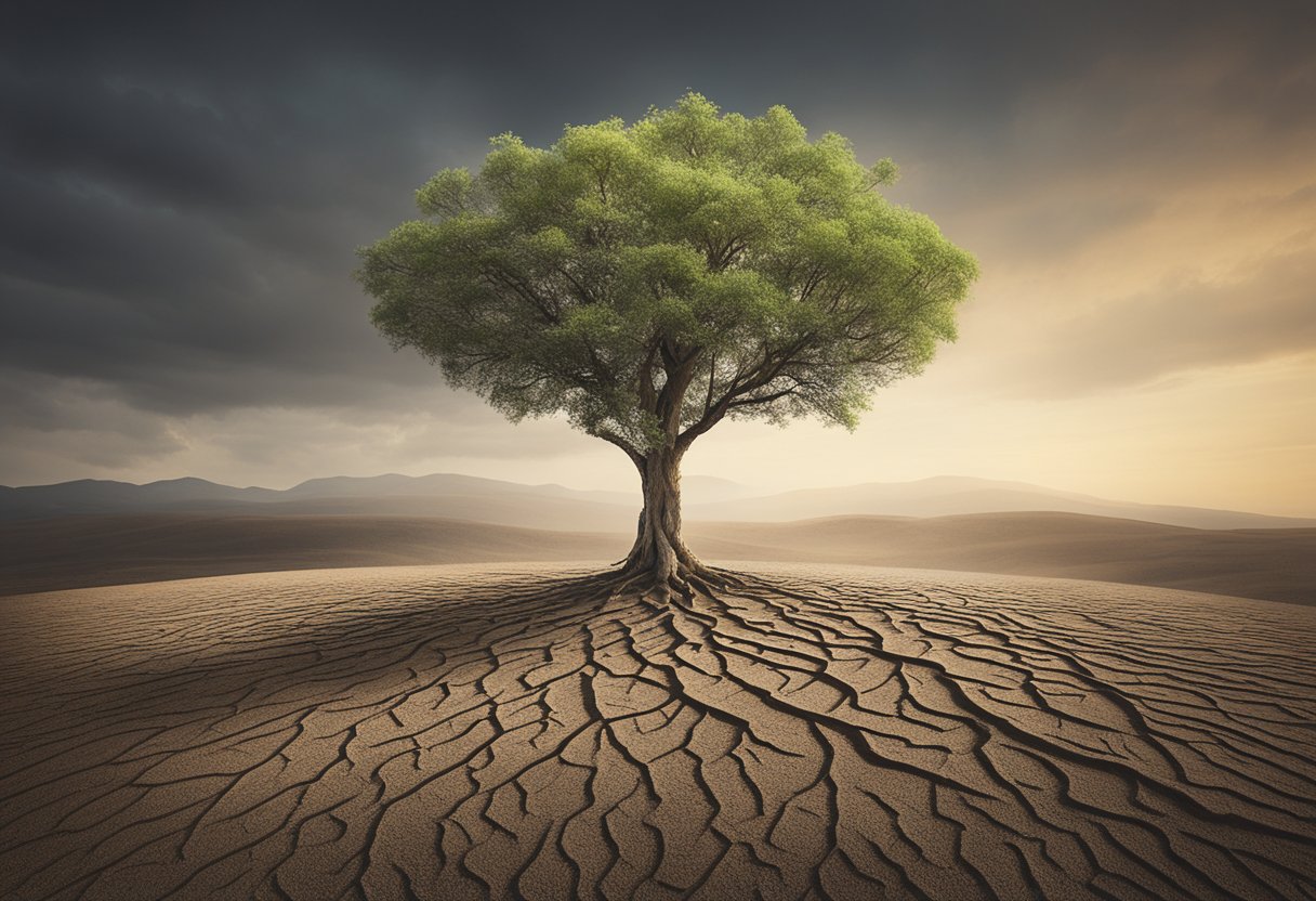 A lone tree grows from barren soil, its branches reaching towards the sky, symbolizing resilience and growth after overcoming cancer