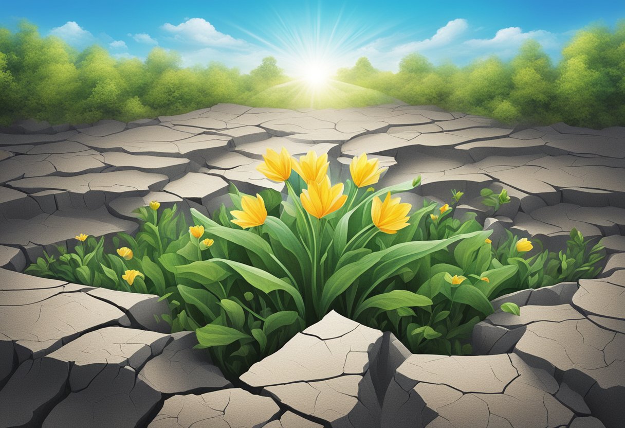 A blooming flower emerging from a cracked, barren ground, surrounded by vibrant green foliage and clear blue skies