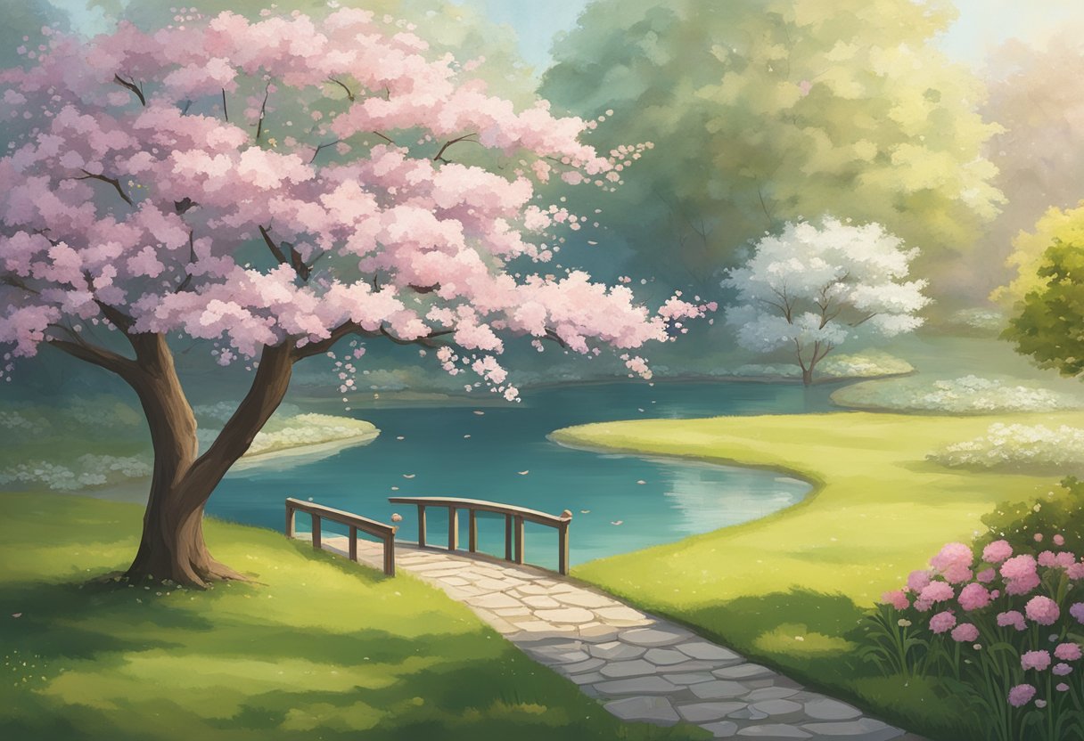 A serene garden with a blooming tree and a winding path leading to a peaceful pond, symbolizing renewal and recovery after cancer