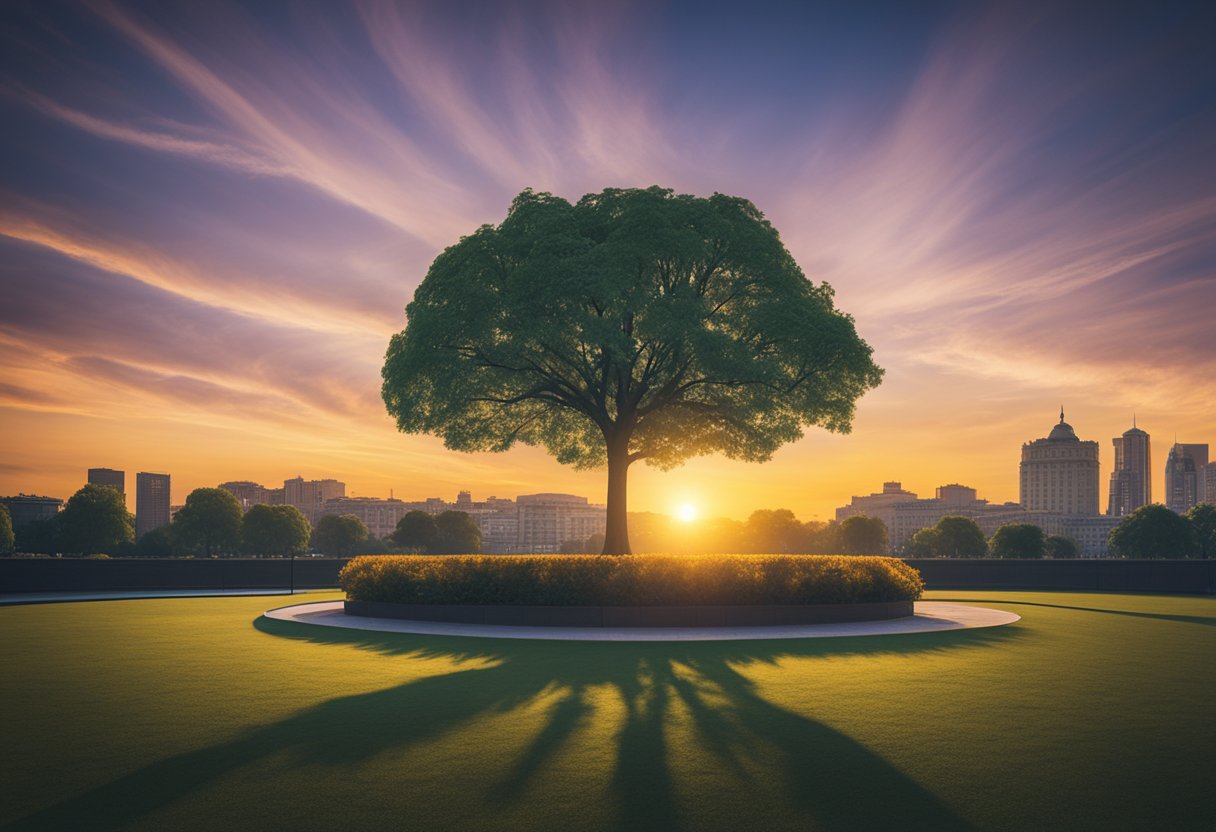 A lone tree stands tall in a vibrant city park, surrounded by bustling activity. The sun sets in the background, casting a warm glow over the scene