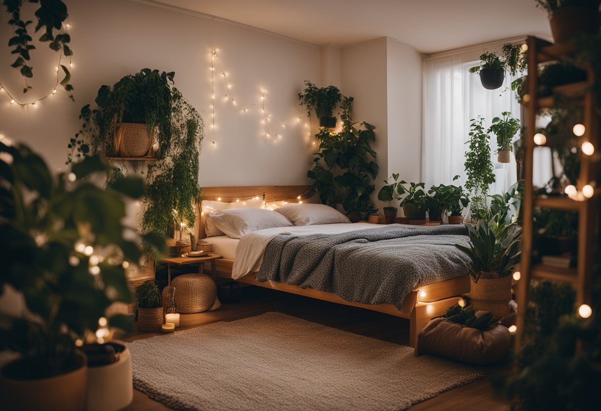 A cozy dorm room with fairy lights, tapestries, and plants. A fluffy rug and colorful bedding add warmth and personality